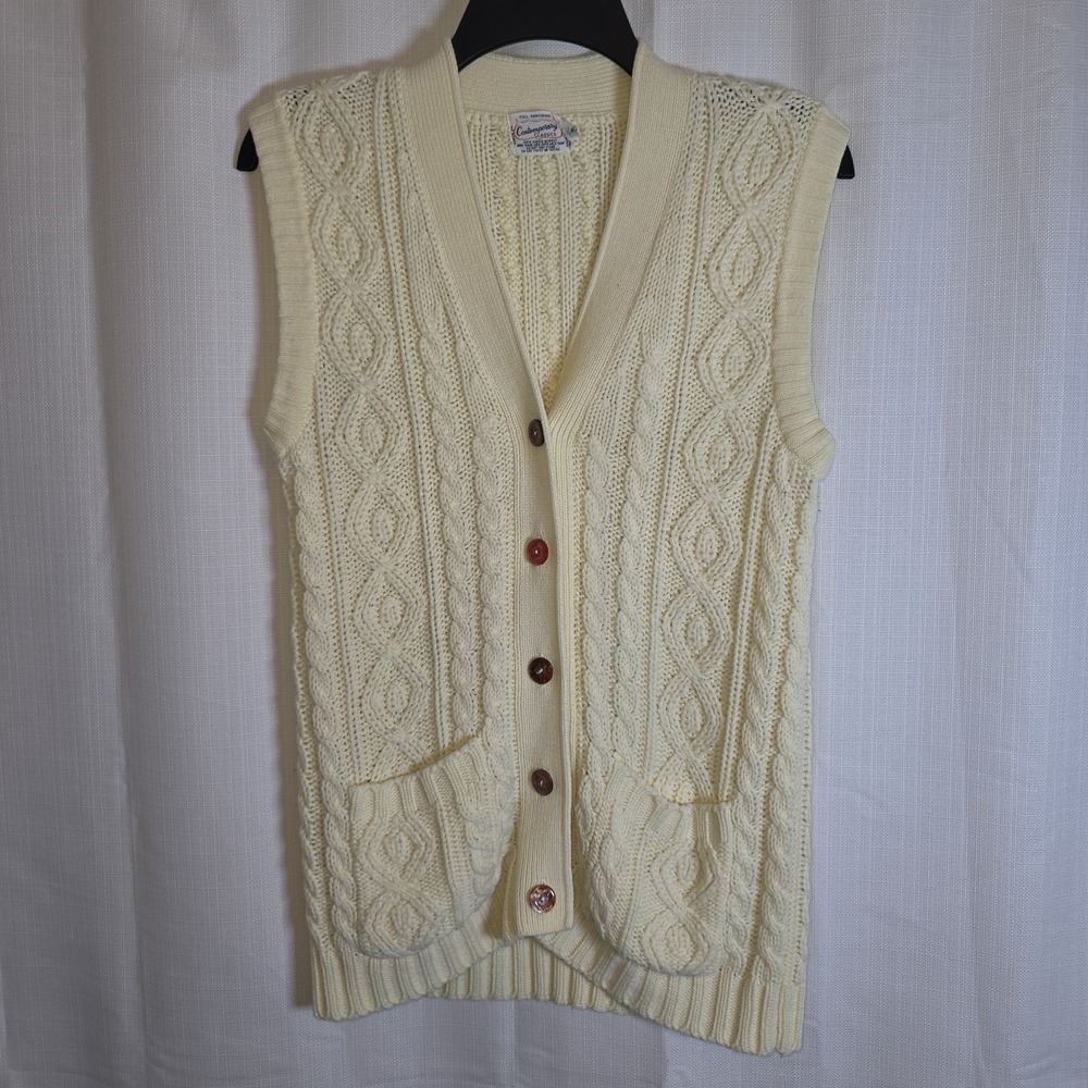 Vintage Contemporary Classics Medium Sweater Vest White Sleeveless Cardigan 90s